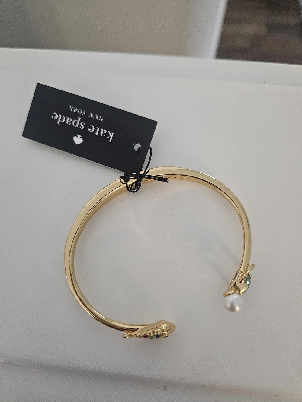 kate spade Gold Open Bangle with Blue Crystal Fish and Pearl Accent - Picture 5 of 6